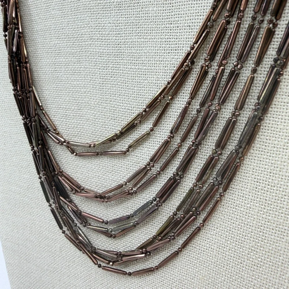 Bronze Tone Bugle Bead Multi Strand Necklace Layered Boho Statement Jewelry